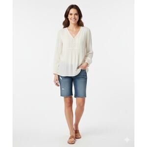 Lucky Brand Ivory Embroidered Pintuck Blouse